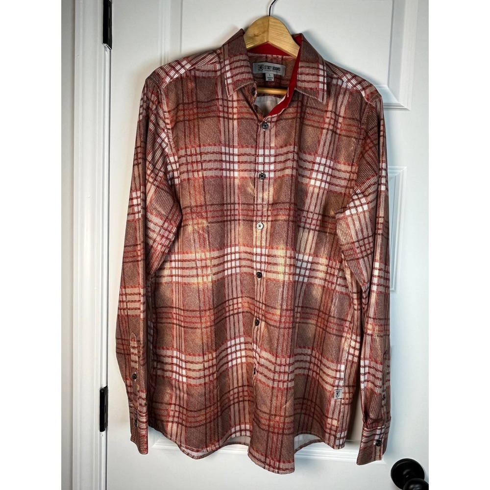Stacy Adams Mens Metallic Gold Plaid Button Down Shirt Red Brown Large L